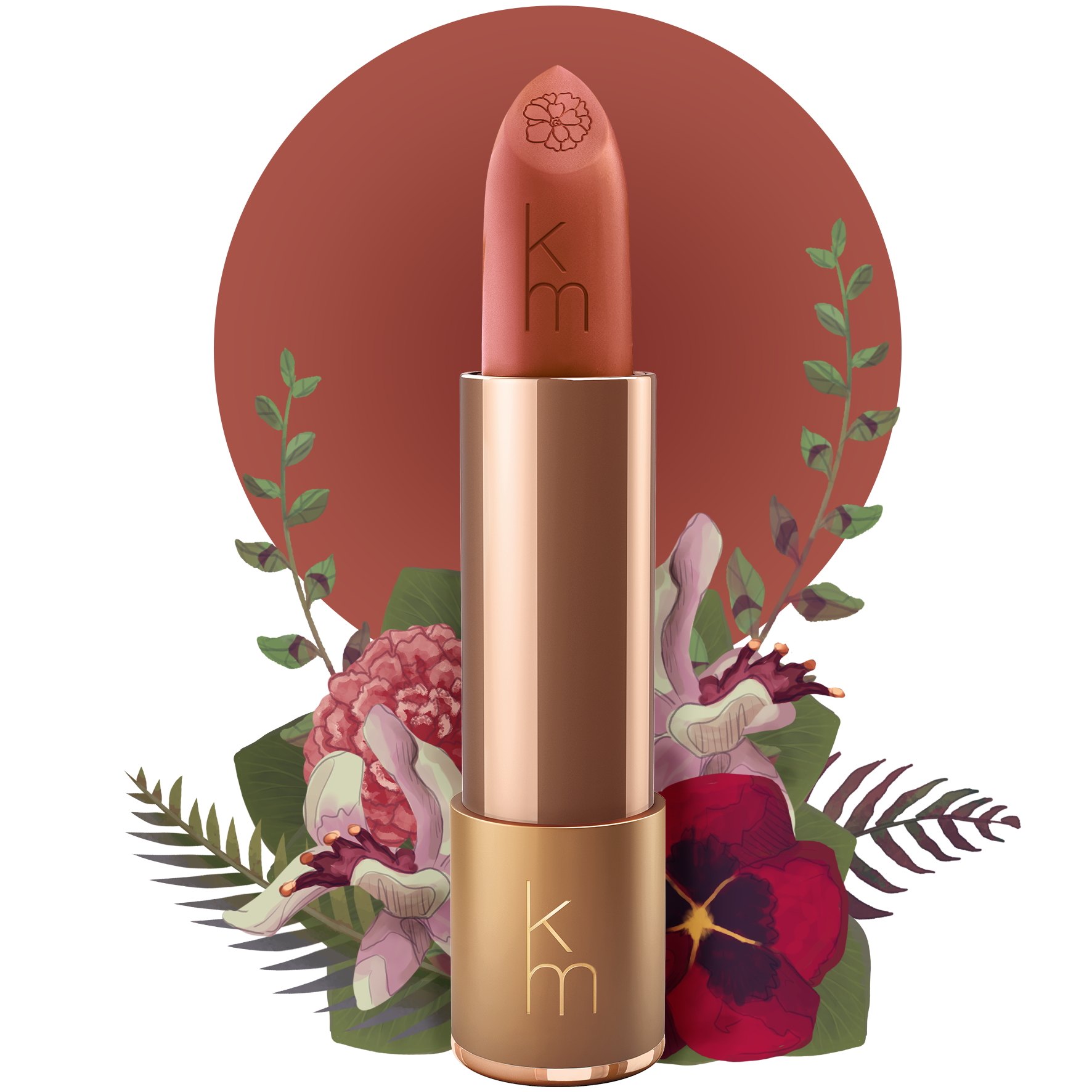 nude Lipstick with floral design and brand logo on a white background