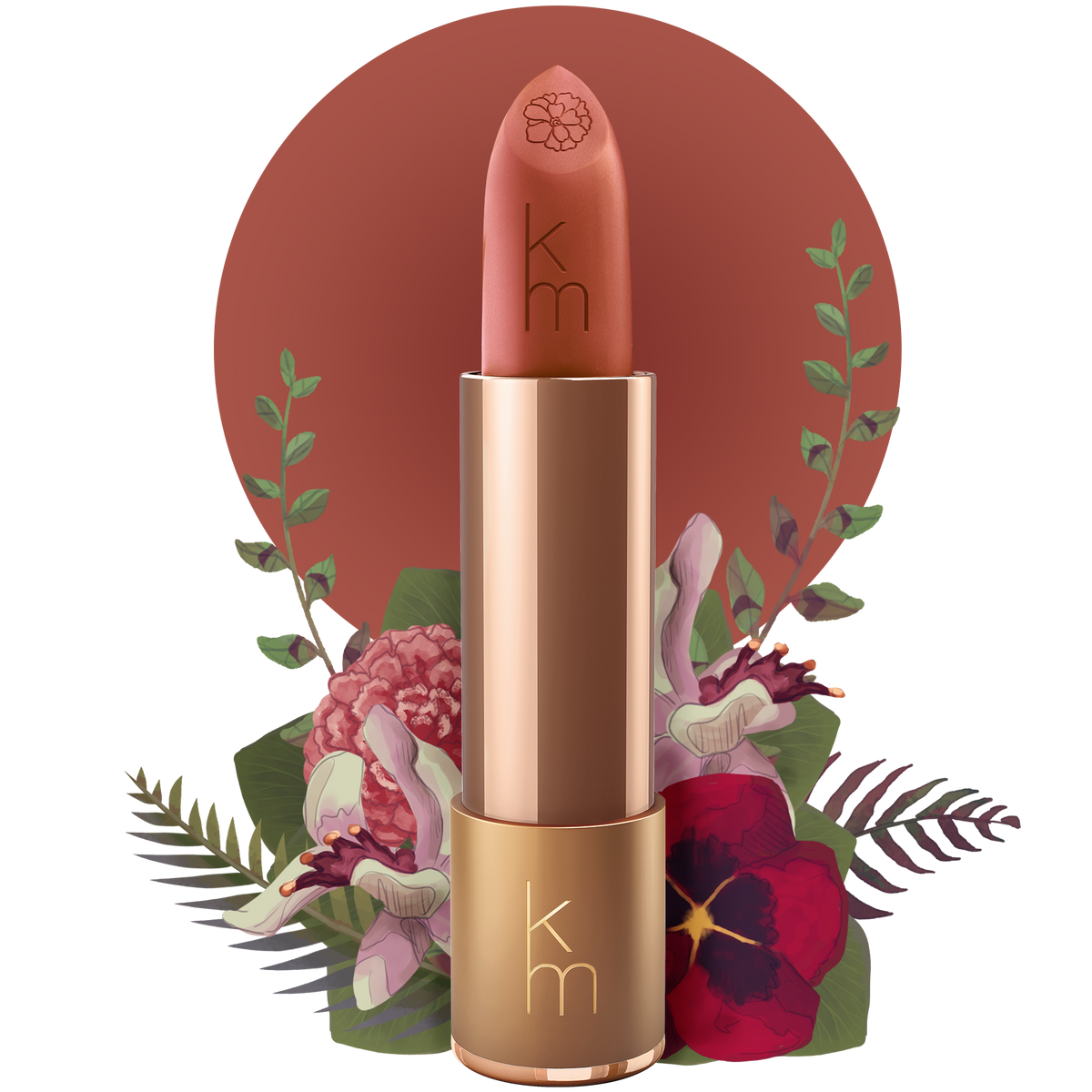 nude Lipstick with floral design and brand logo on a white background
