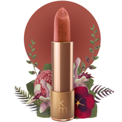 nude Lipstick with floral design and brand logo on a white background