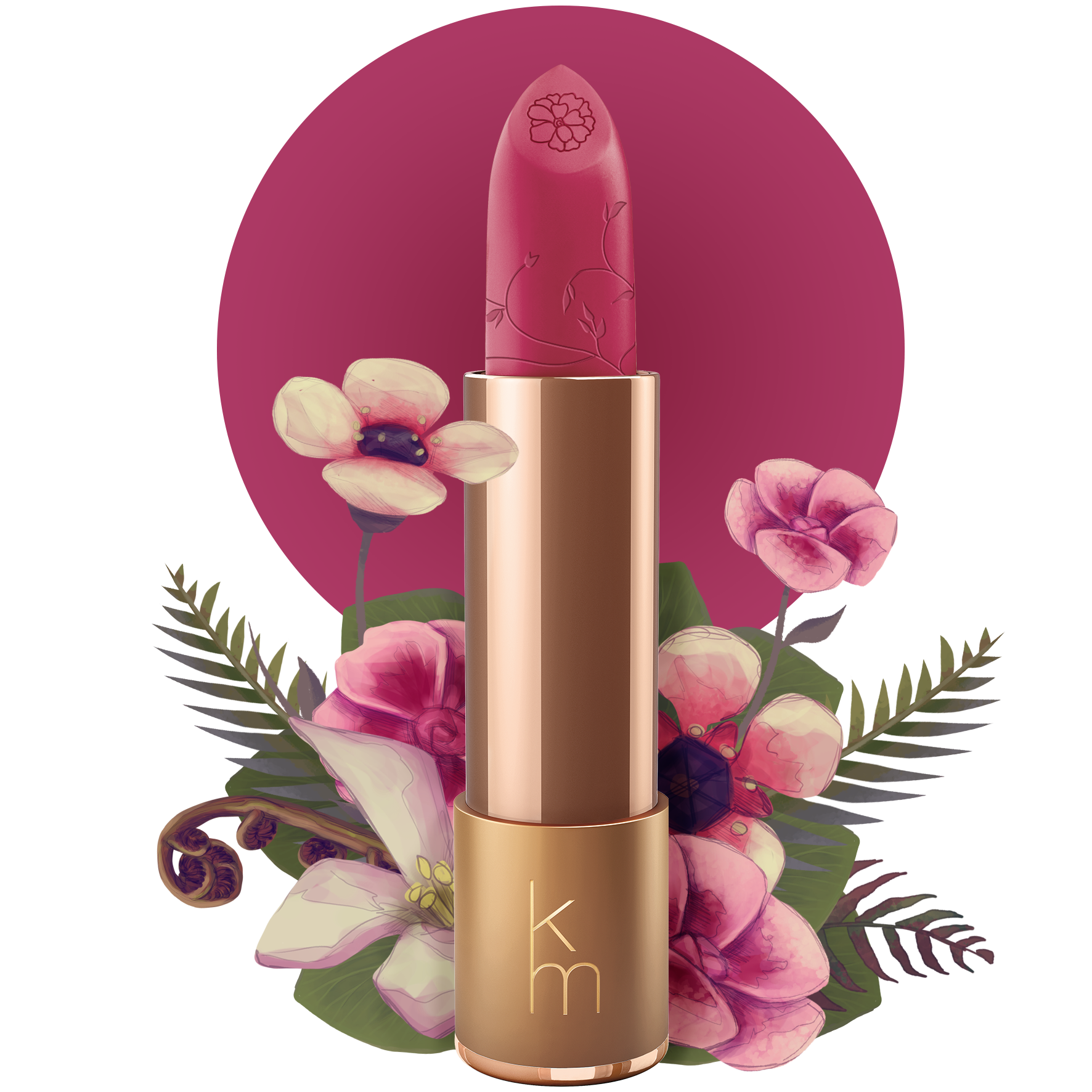 A pink natural lipstick with a floral design, displayed in a rose gold colored tube, with the brand's logo 'km' at the bottom, set against a background with a floral motif.
