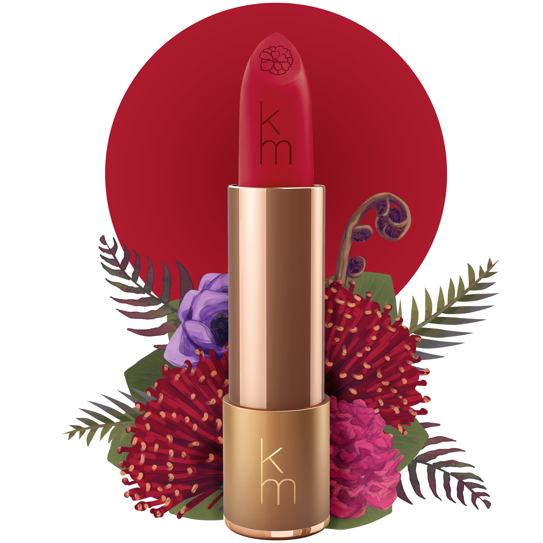 Red lipstick with gold cap on a white background with floral elements