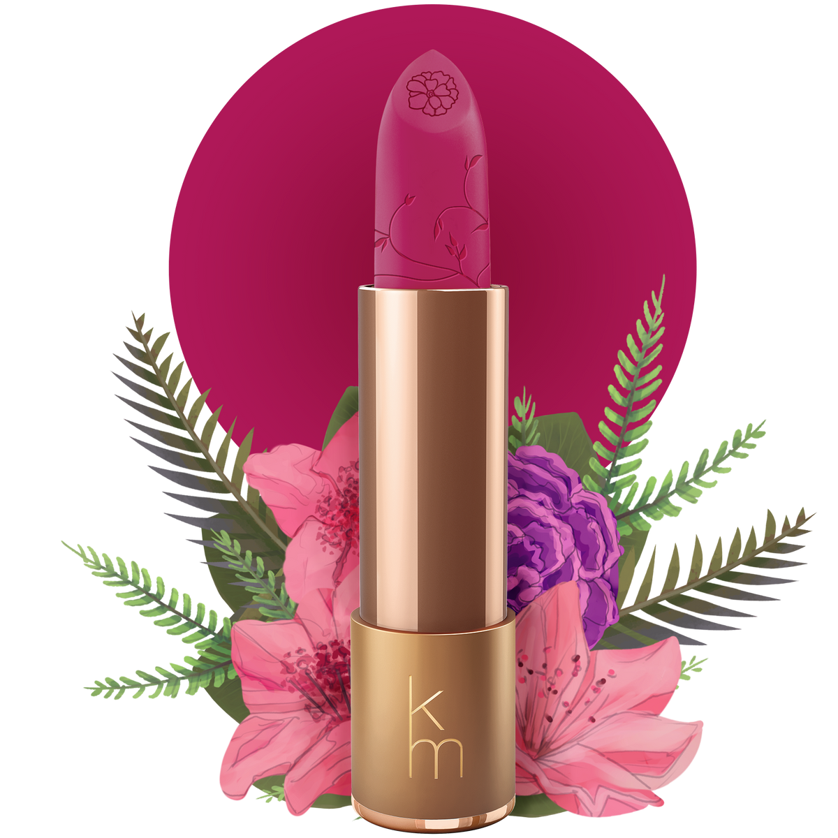 A gold-colored tube of natural lipstick with a fuchsia color bullet, adorned with a floral illustration. The brand's initials 'km' are visible on the lipstick tube.