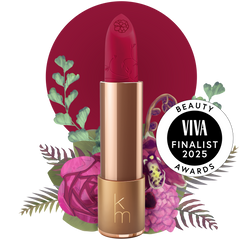 PINK lipstick with gold cap on a white background, surrounded by flowers and leaves, with VIVA Beauty Awards finalist badge.