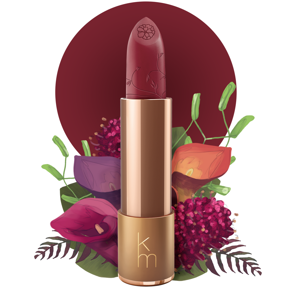 Lipstick with floral design on a white background
