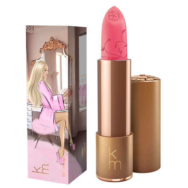 Pink lipstick with gold casing and matching packaging on a white background