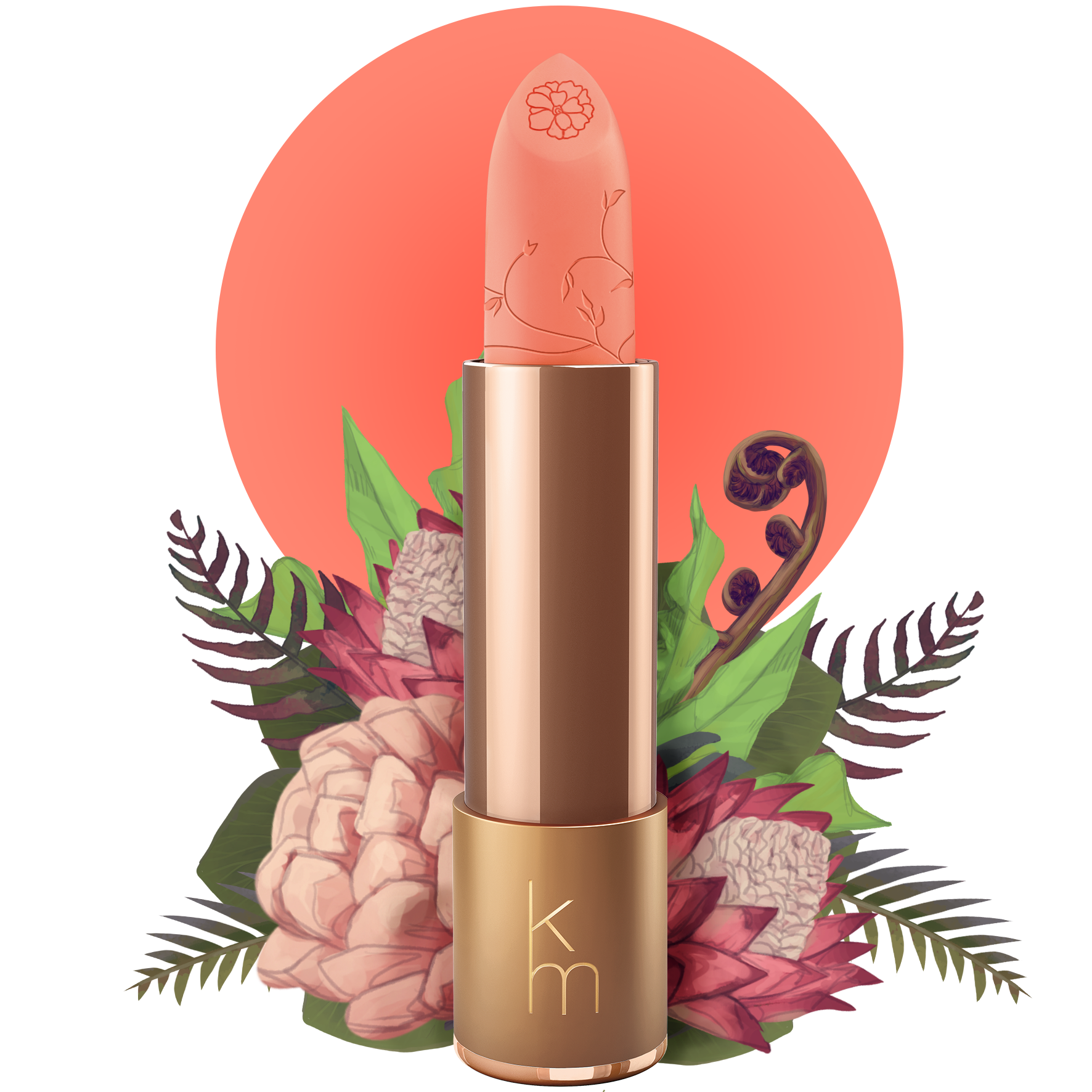 A natural peach lipstick with floral patterns on the packaging, set against a floral background.