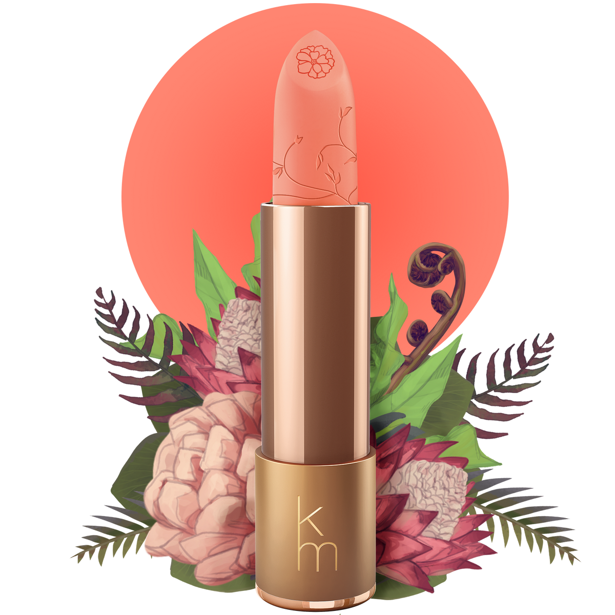 A natural peach lipstick with floral patterns on the packaging, set against a floral background.