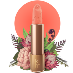 A natural peach lipstick with floral patterns on the packaging, set against a floral background.
