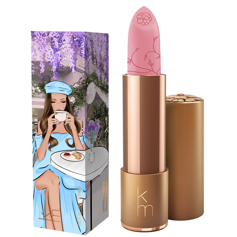 Pink Lipstick with pink cap and bronze body next to its packaging featuring an illustration of a woman.