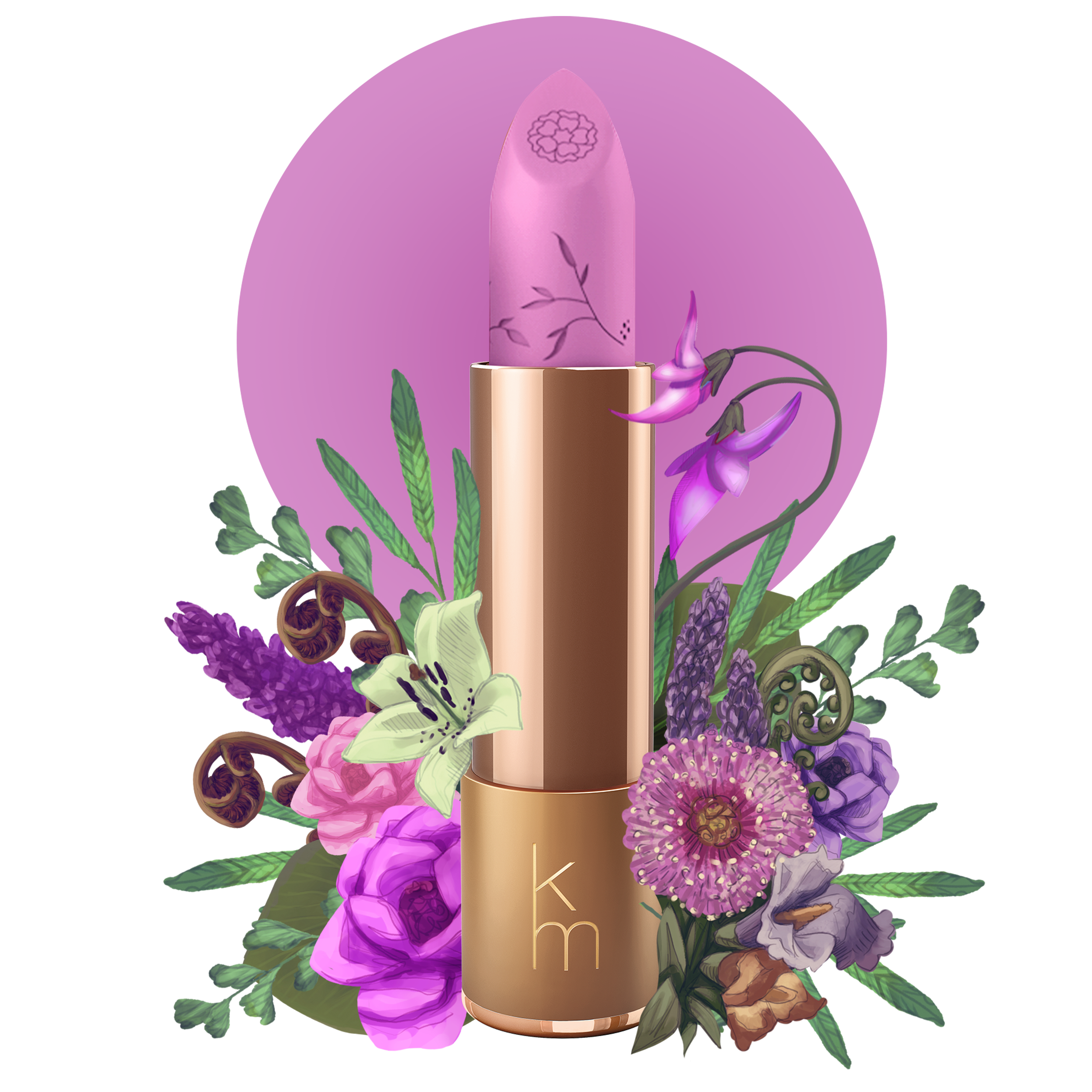 A natural lipstick in a gold-colored tube, labeled with 'KM' and a floral design, indicating a lilac color.