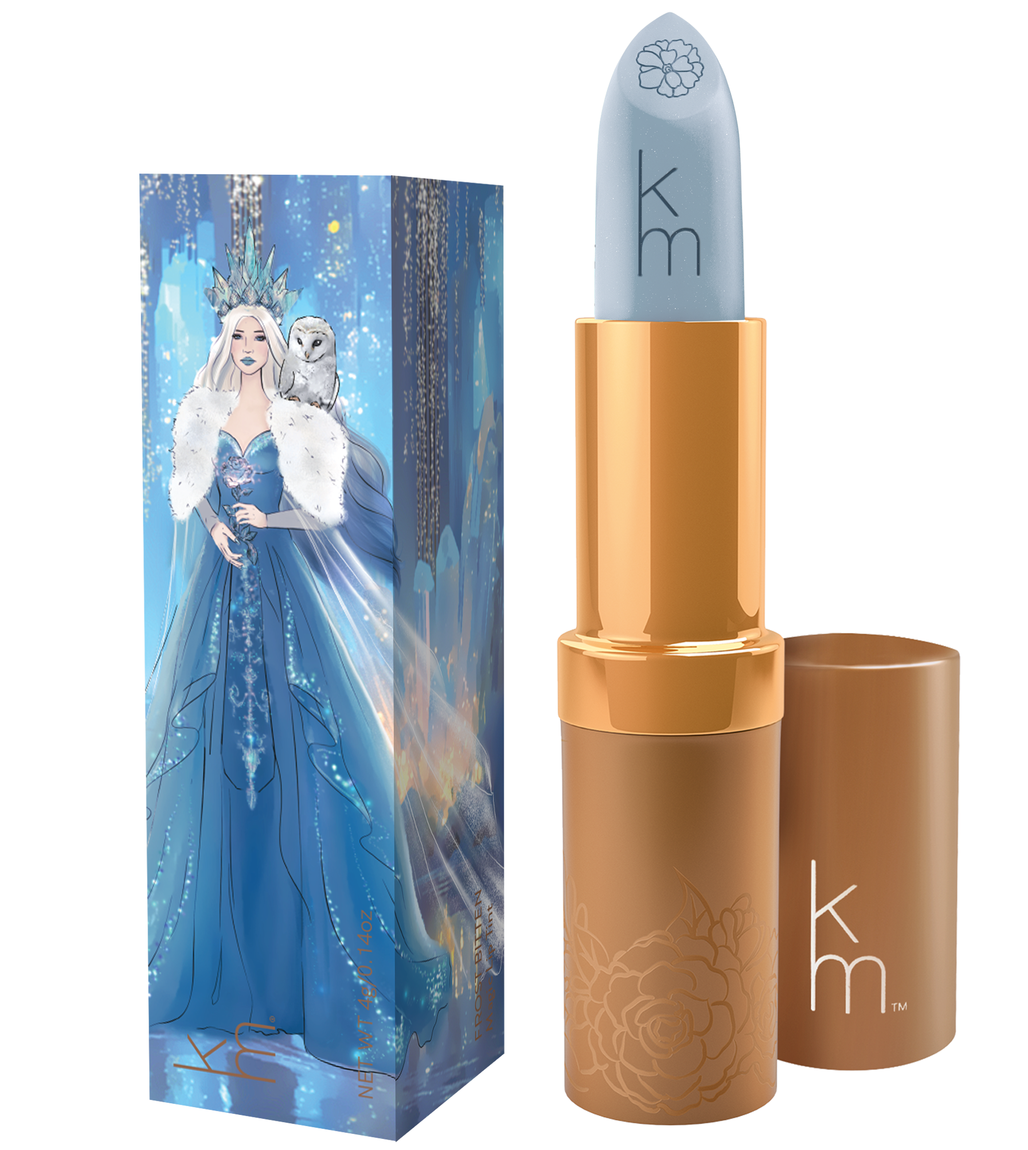 Lipstick with gold casing and blue cap, accompanied by a decorative box featuring a character in a blue gown.