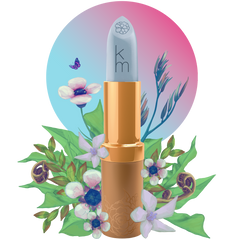 Lipstick with floral and nature-themed design on a white background