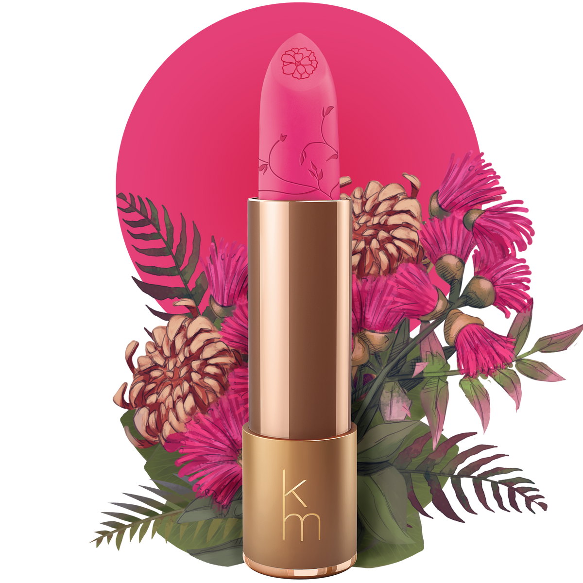 A gold-colored tube of natural lipstick with a pink label, displayed in front of a floral background.